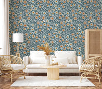 Soft lounge corner brightened by Cozy Scandi Folk Floral Nordic Blue Grey wallpaper, GD8553
