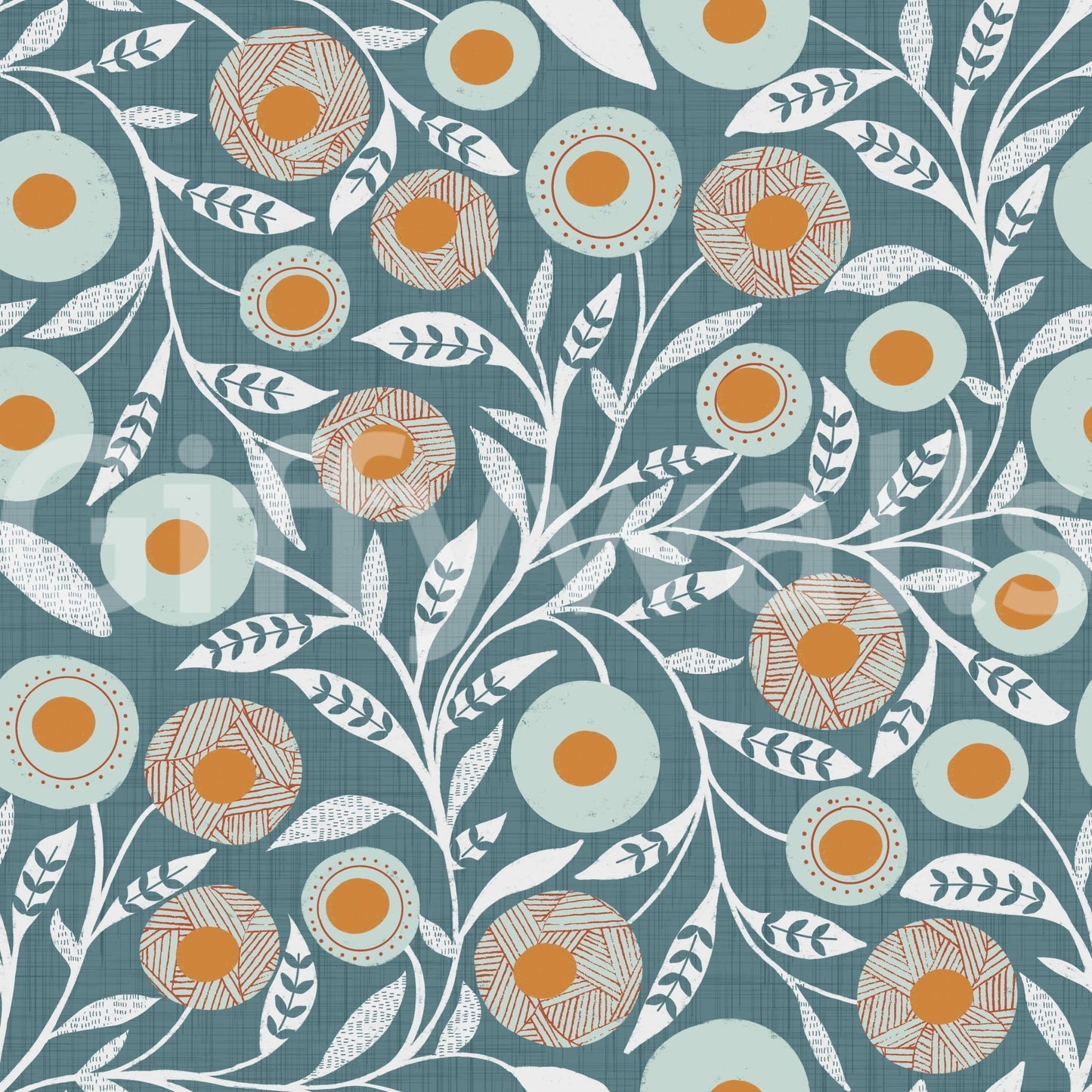 Nordic blue grey botanical wallpaper with flowing leaves and soft floral circle forms, GD8553