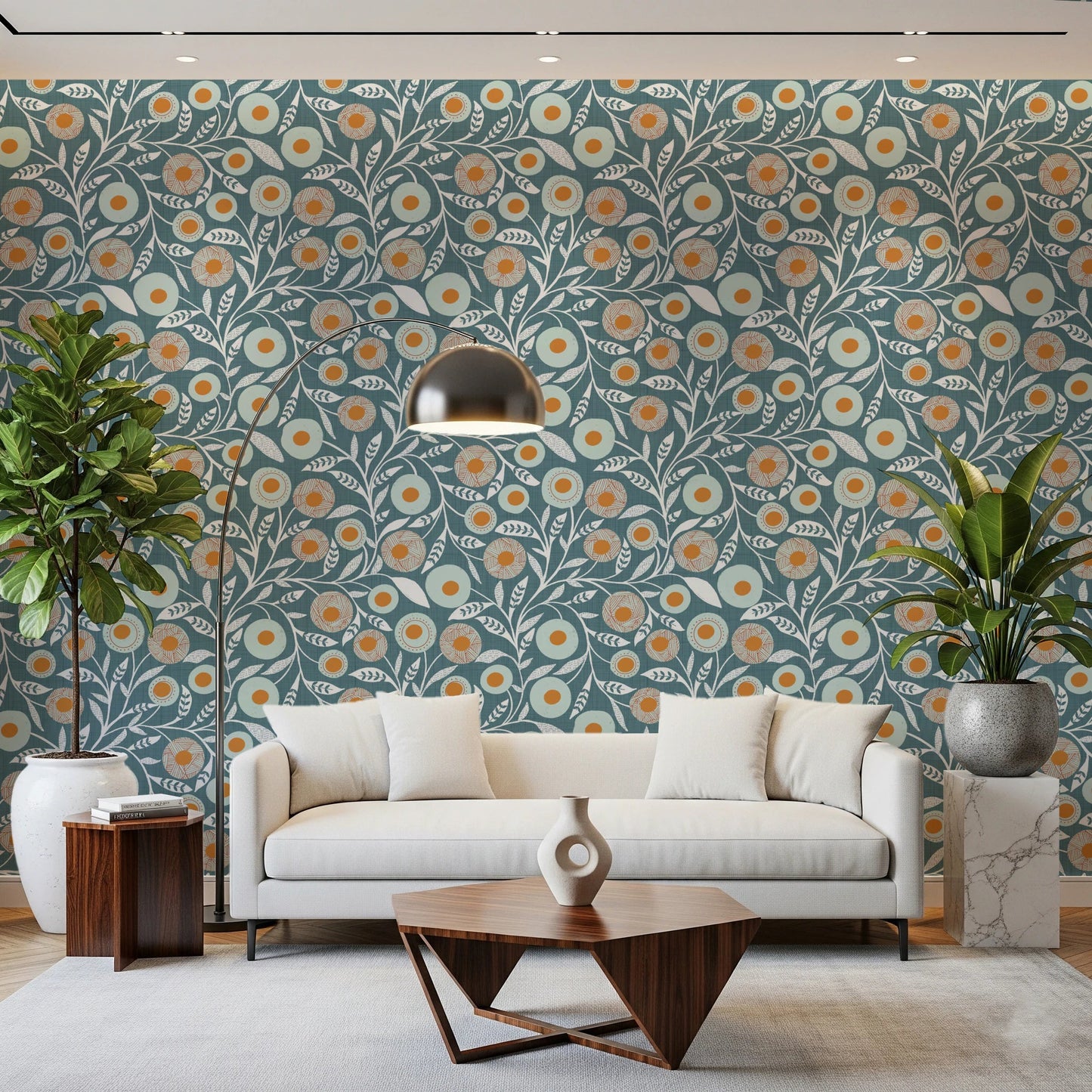 Relaxed living space featuring Nordic Blue Grey floral botanical wallpaper pattern, GD8553