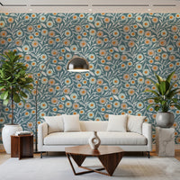 Relaxed living space featuring Nordic Blue Grey floral botanical wallpaper pattern, GD8553