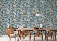 Dining room styled with Nordic Blue Grey folk botanical wallpaper and wood seating, GD8553