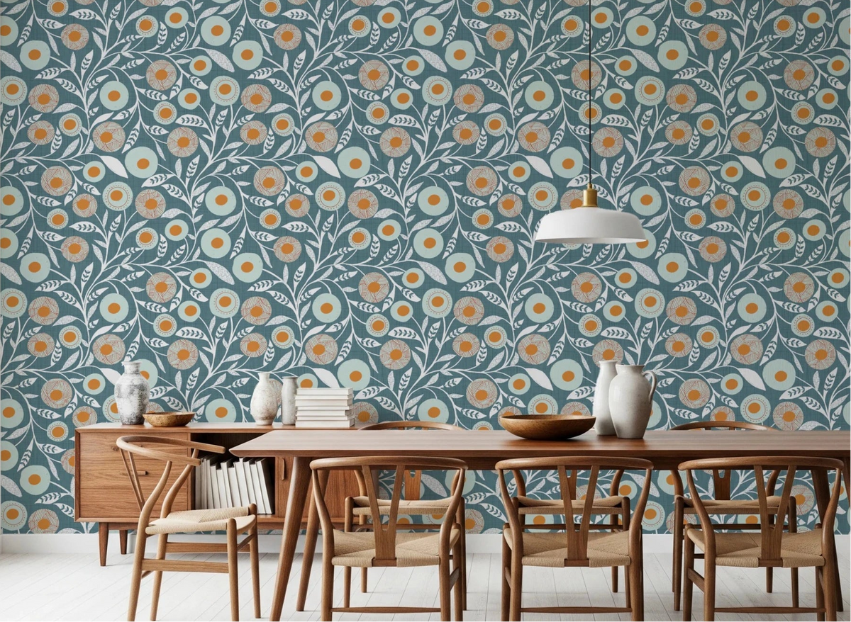 Dining room styled with Nordic Blue Grey folk botanical wallpaper and wood seating, GD8553
