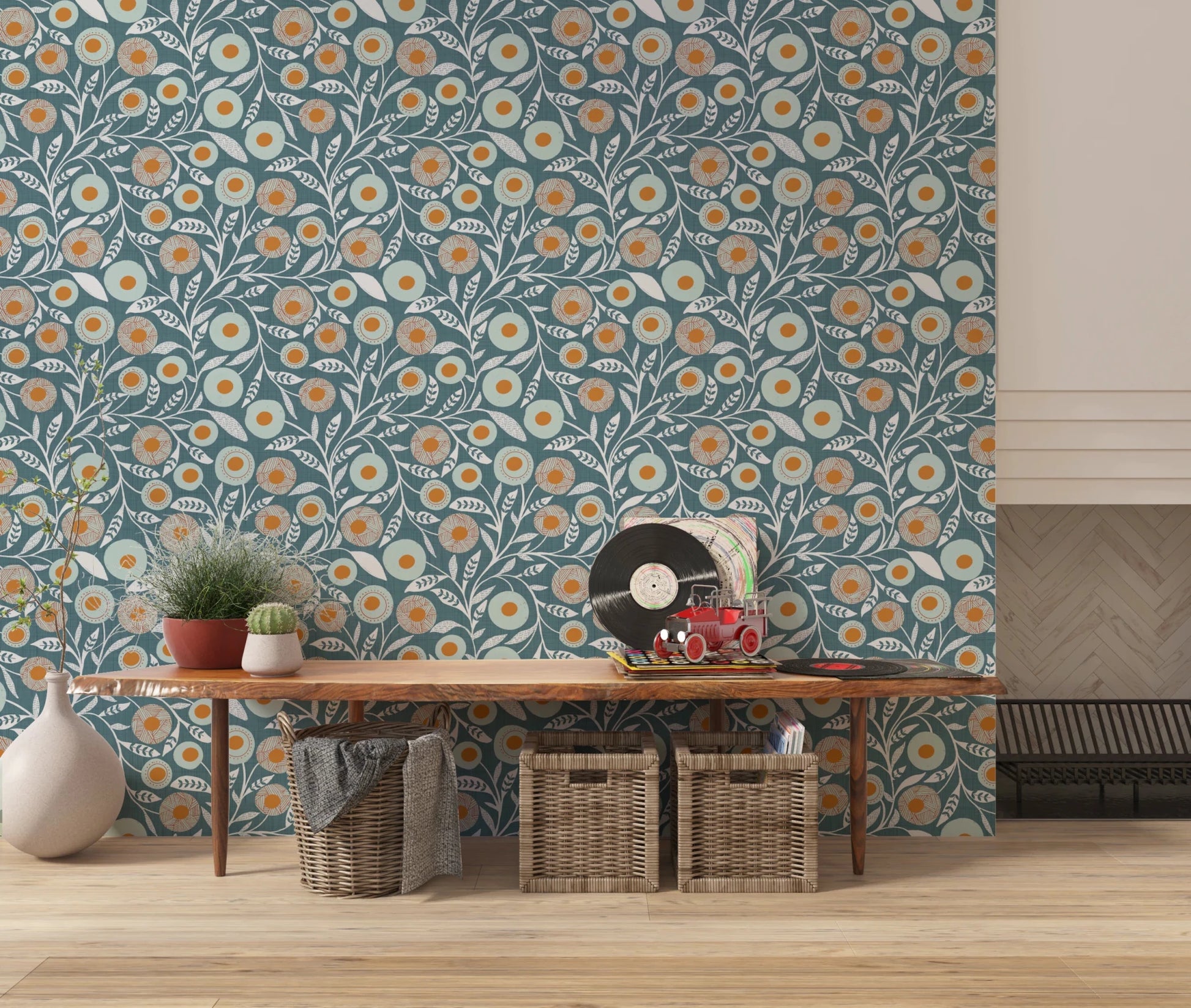 Console finished in Cozy Scandi Folk Floral Nordic Blue Grey wallpaper detail, GD8553