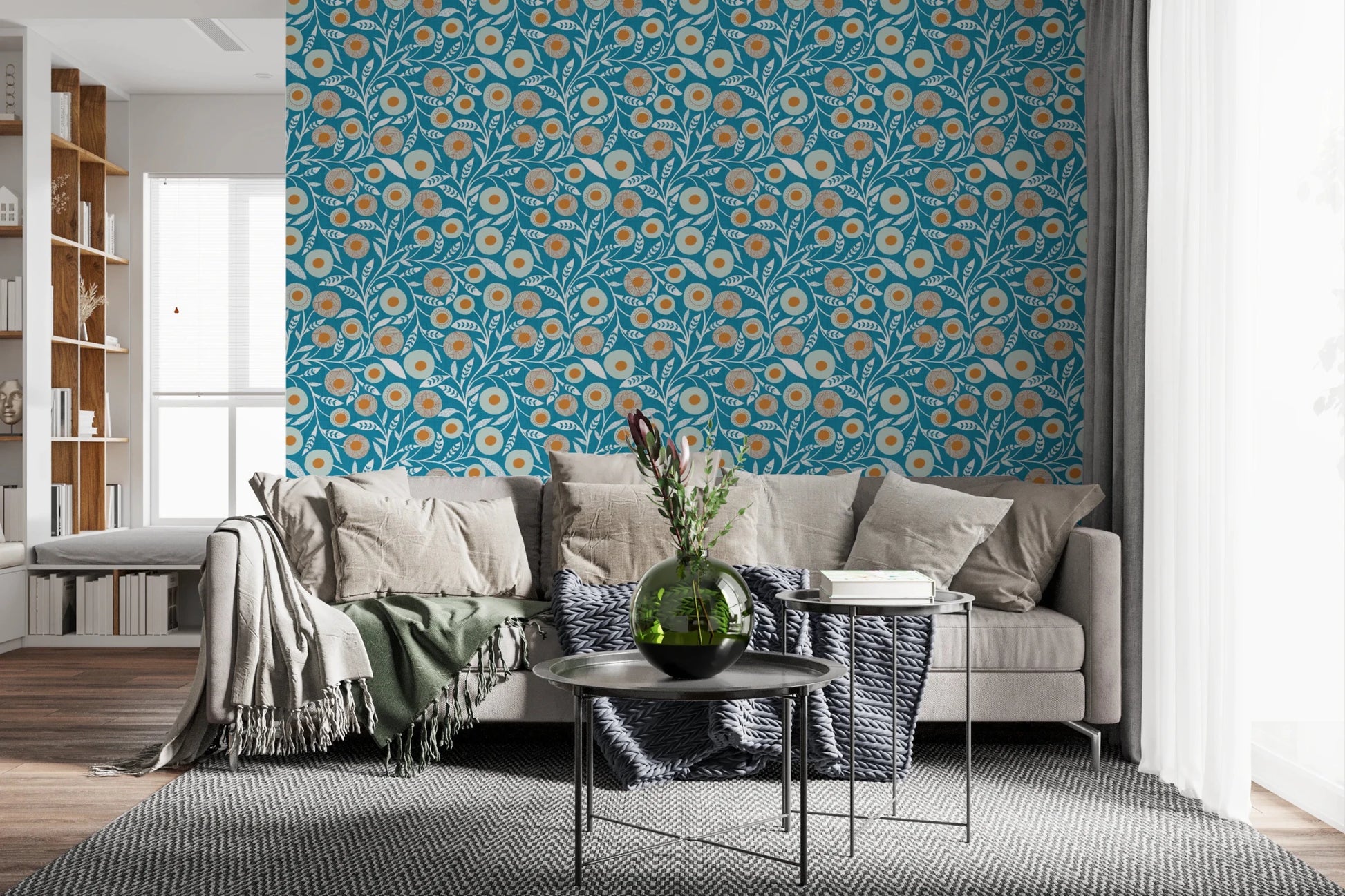 Window-side sitting area featuring this folk floral Nordic Teal wallpaper backdrop, GD8550