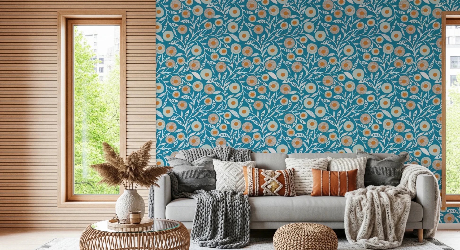 Rustic living corner styled in Nordic Teal craft botanical wallpaper with warm tones, GD8550