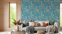 Rustic living corner styled in Nordic Teal craft botanical wallpaper with warm tones, GD8550