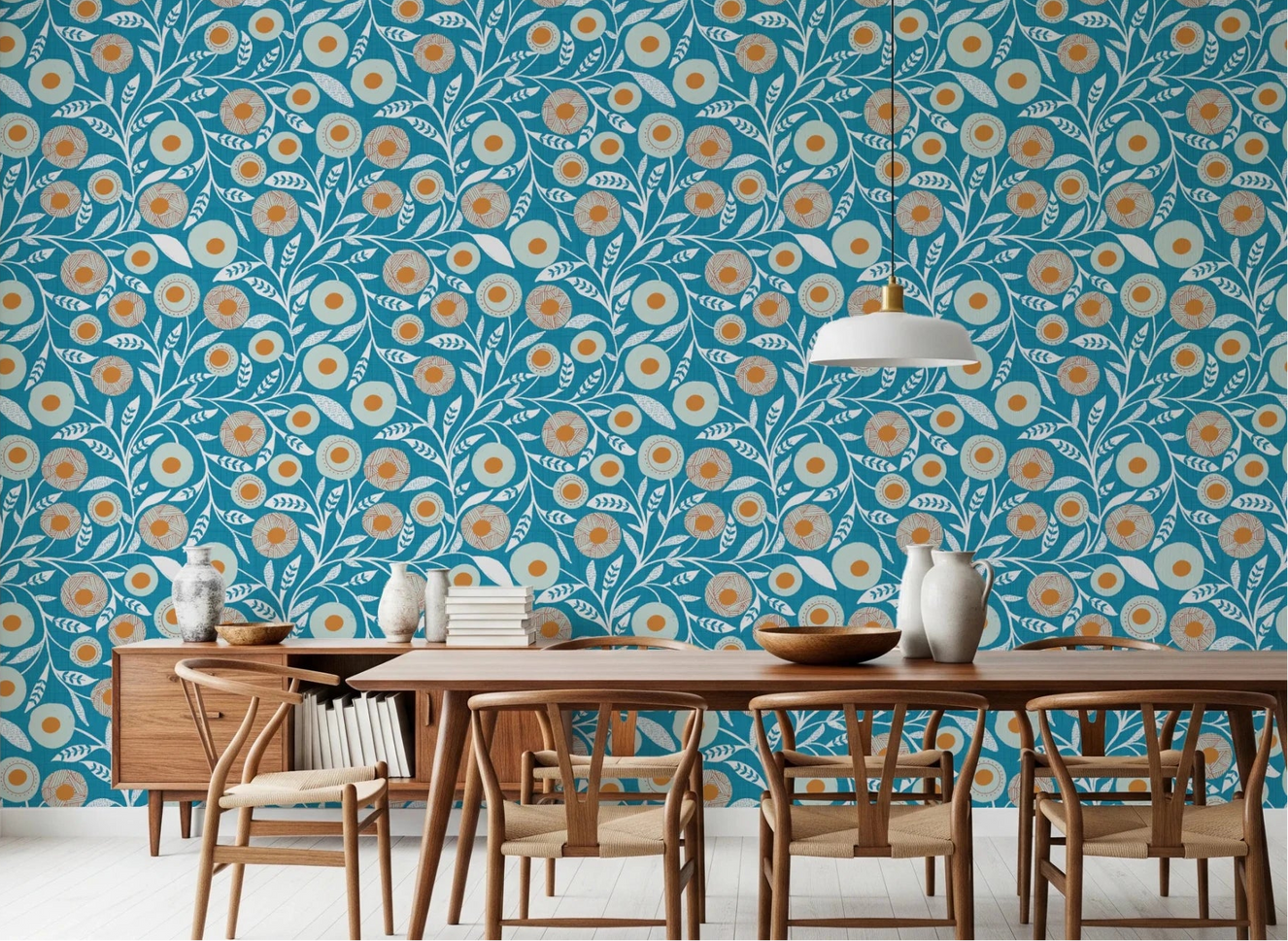 Dining room styled with Cozy Scandi Folk Floral Nordic Teal wallpaper and wood chairs