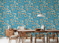 Dining room styled with Cozy Scandi Folk Floral Nordic Teal wallpaper and wood chairs, GD8550