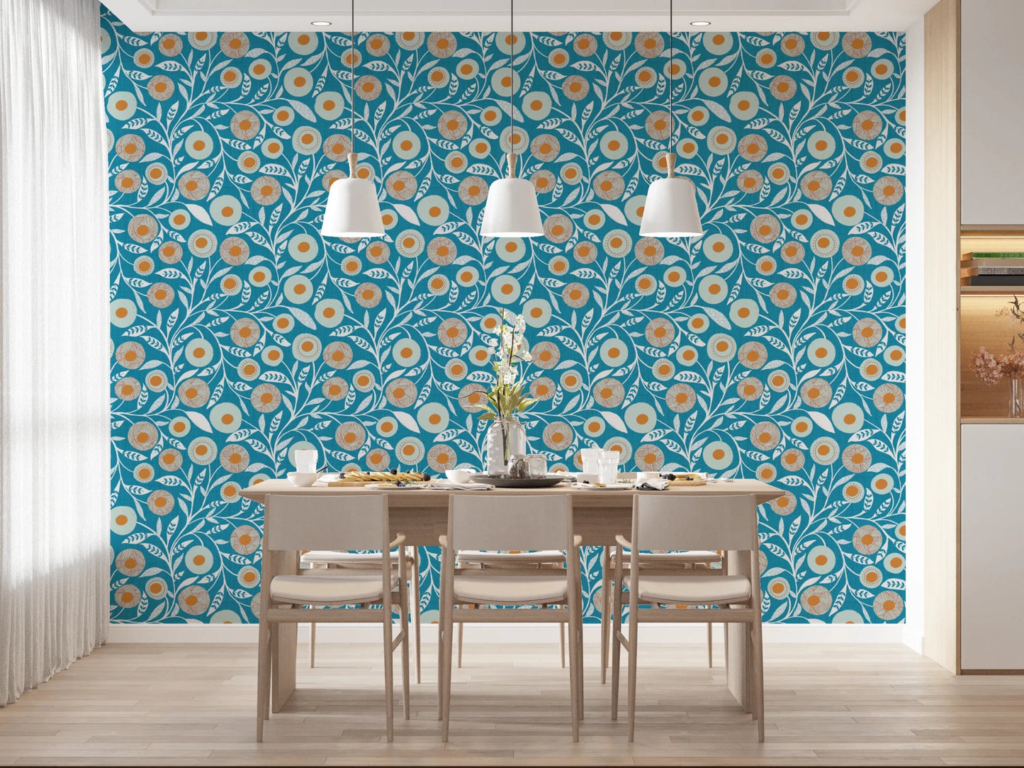 Relaxed Dining nook brightened by Cozy Scandi Folk Floral Nordic Teal wallpaper, GD8550