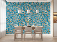 Relaxed Dining nook brightened by Cozy Scandi Folk Floral Nordic Teal wallpaper, GD8550