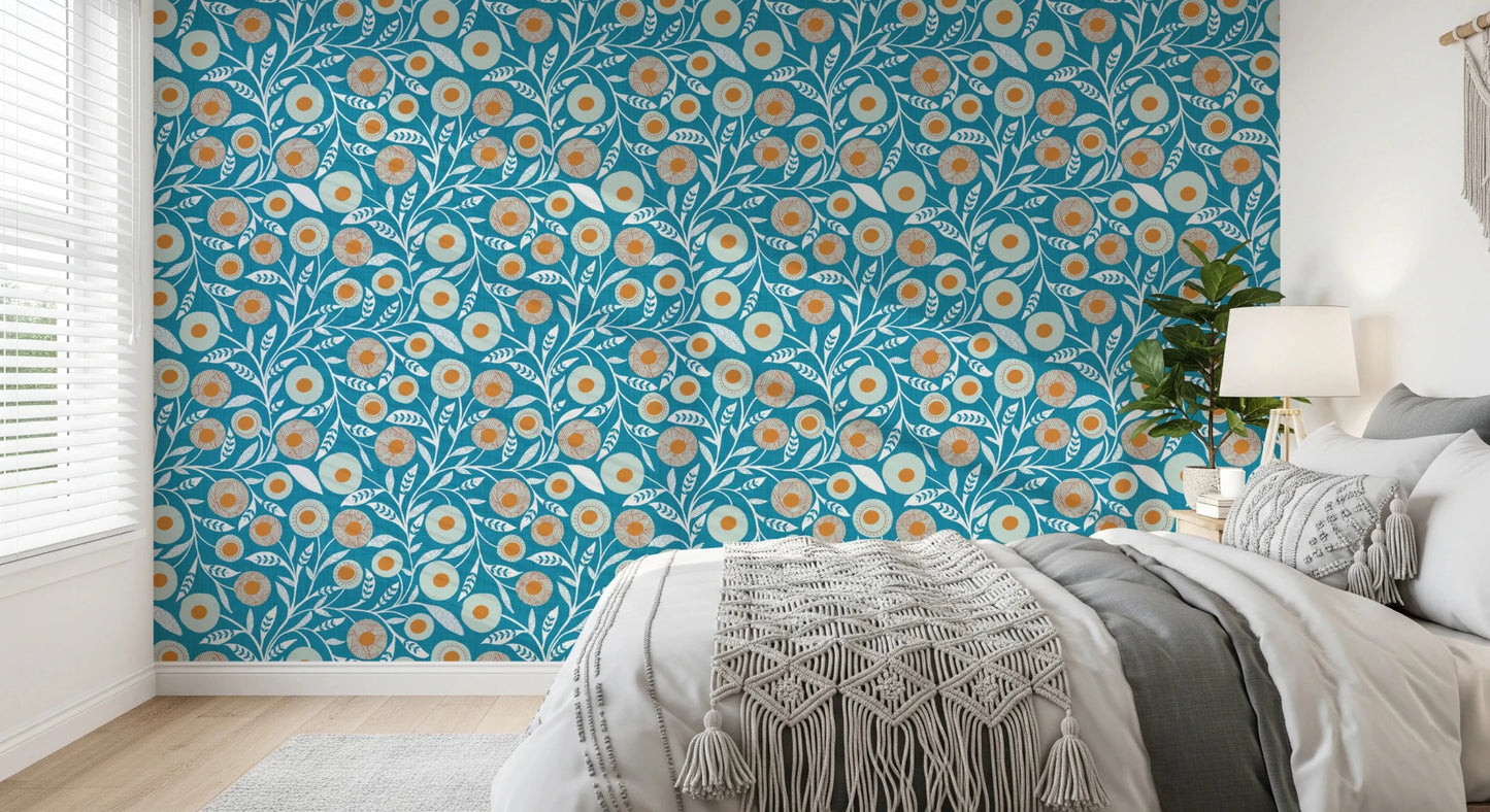 Bedroom softened by this Nordic Teal folk floral wallpaper and calm bedding, GD8550