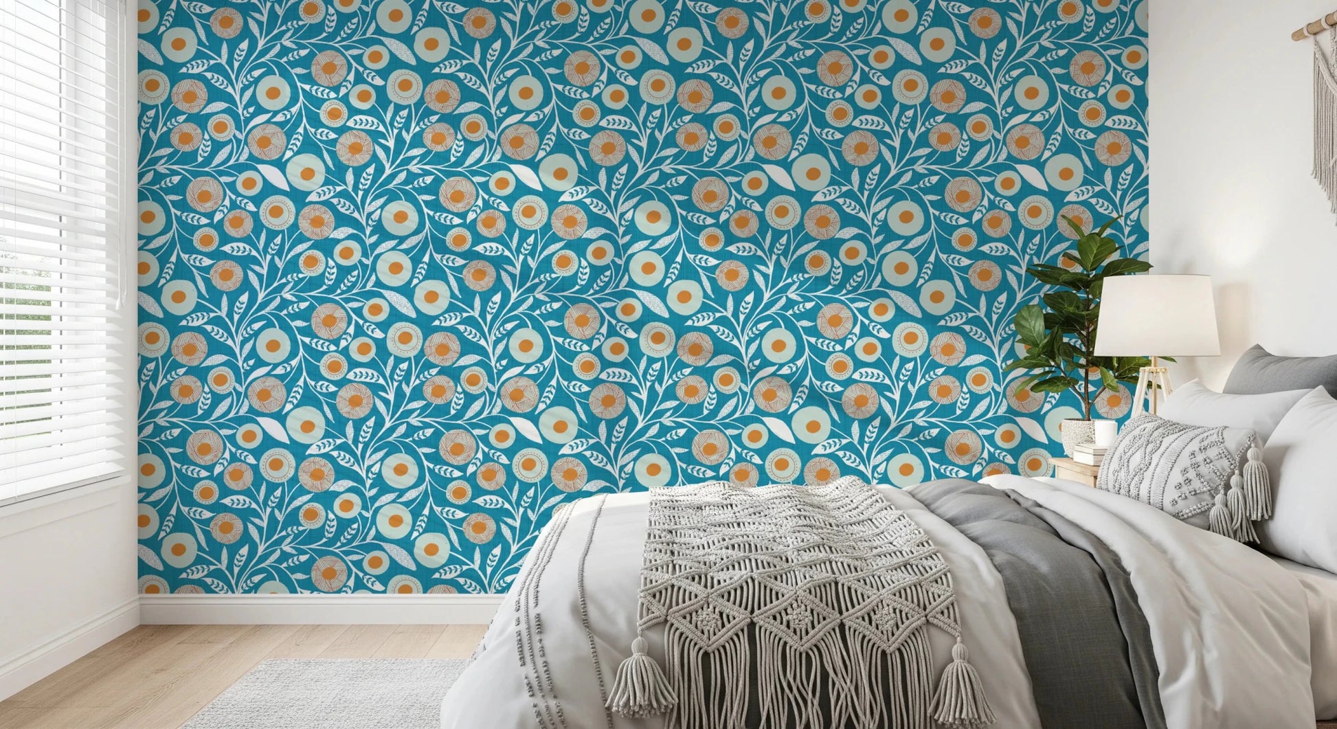 Bedroom softened by this Nordic Teal folk floral wallpaper and calm bedding, GD8550