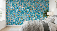 Bedroom softened by this Nordic Teal folk floral wallpaper and calm bedding, GD8550