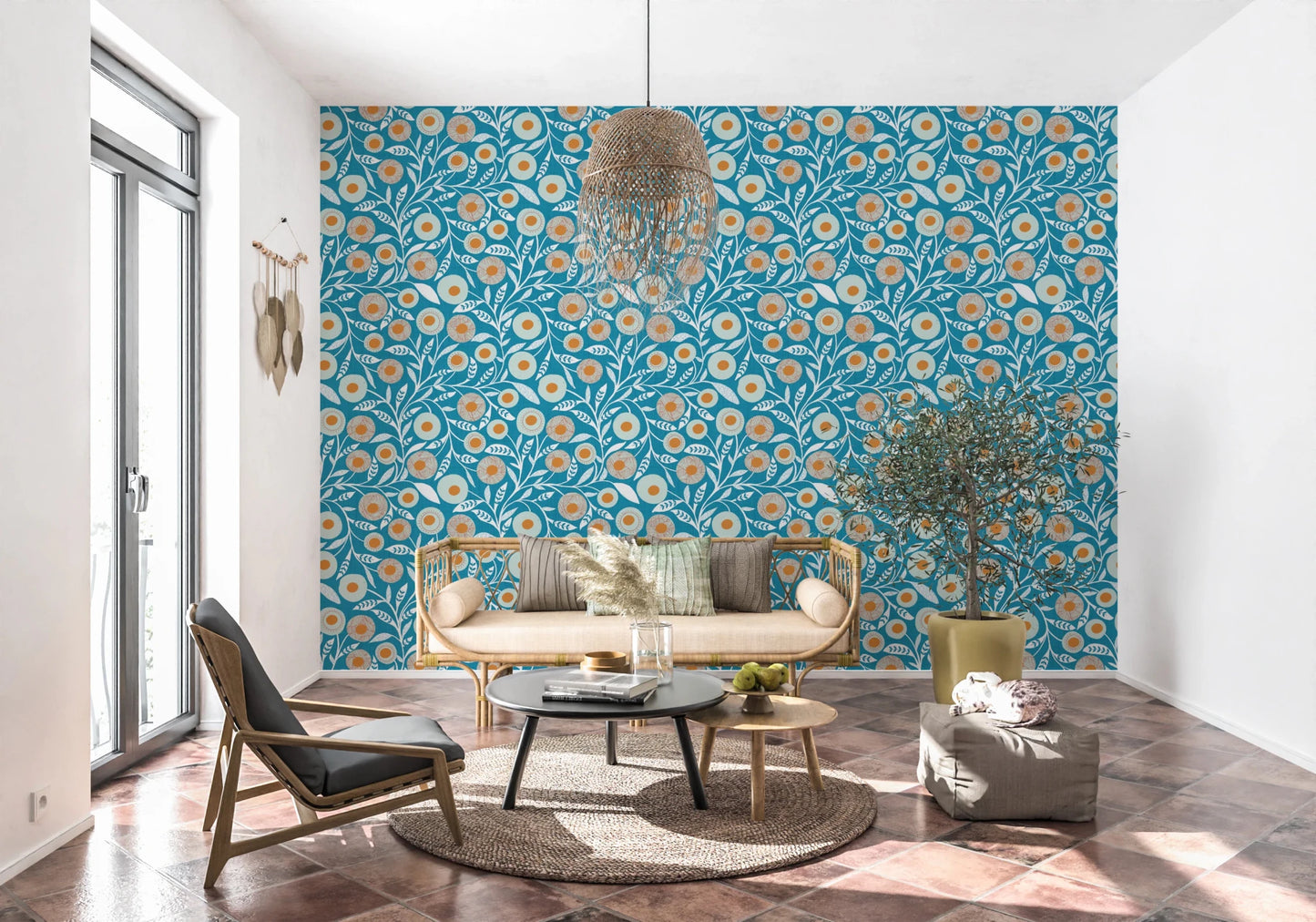 Bright lounge nook lifted by Nordic Teal craft botanical wallpaper and soft seating, GD8550