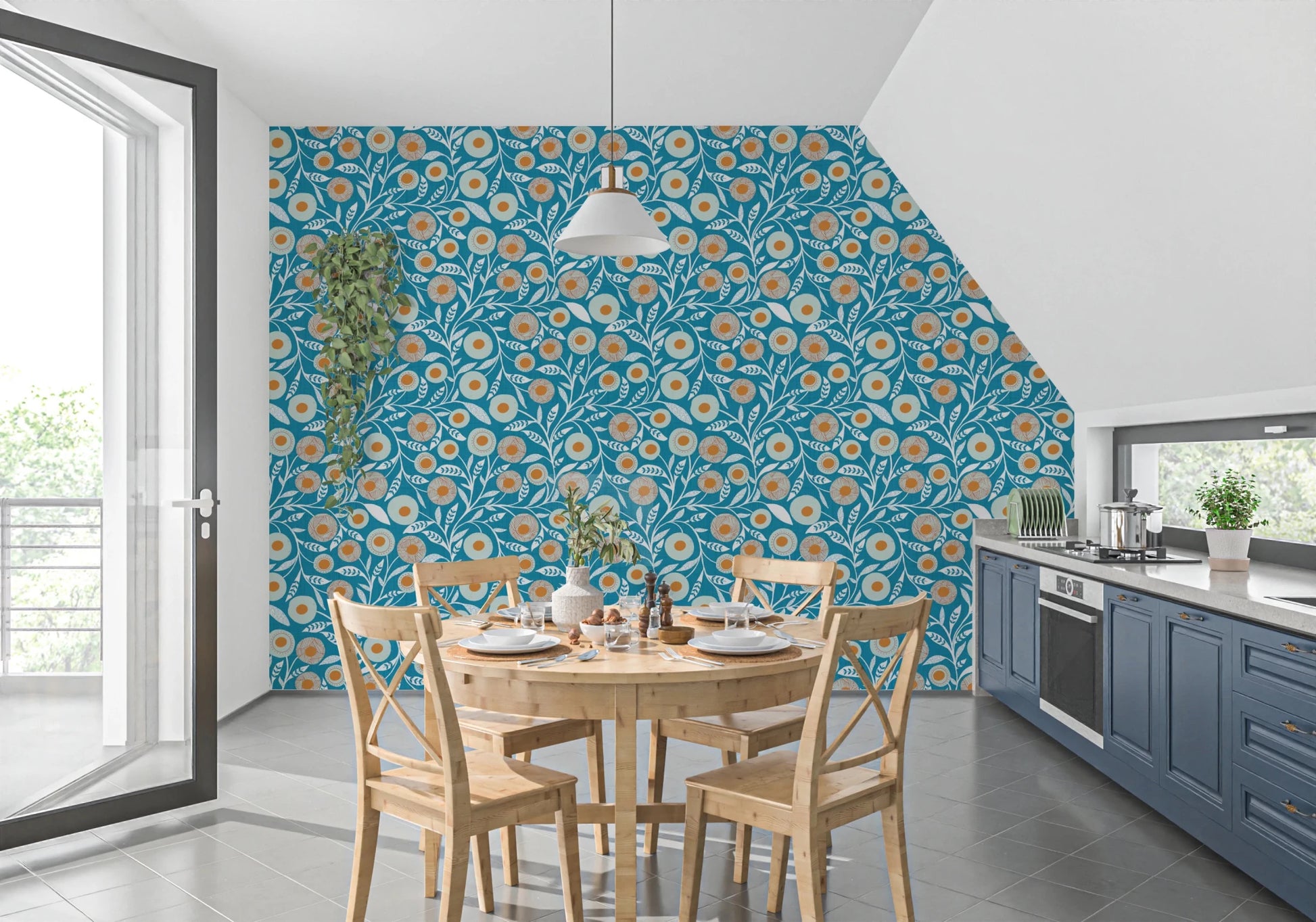 Kitchen dining space paired with Nordic Teal craft botanical wallpaper and pale cabinetry, GD8550