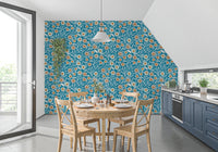 Kitchen dining space paired with Nordic Teal craft botanical wallpaper and pale cabinetry, GD8550