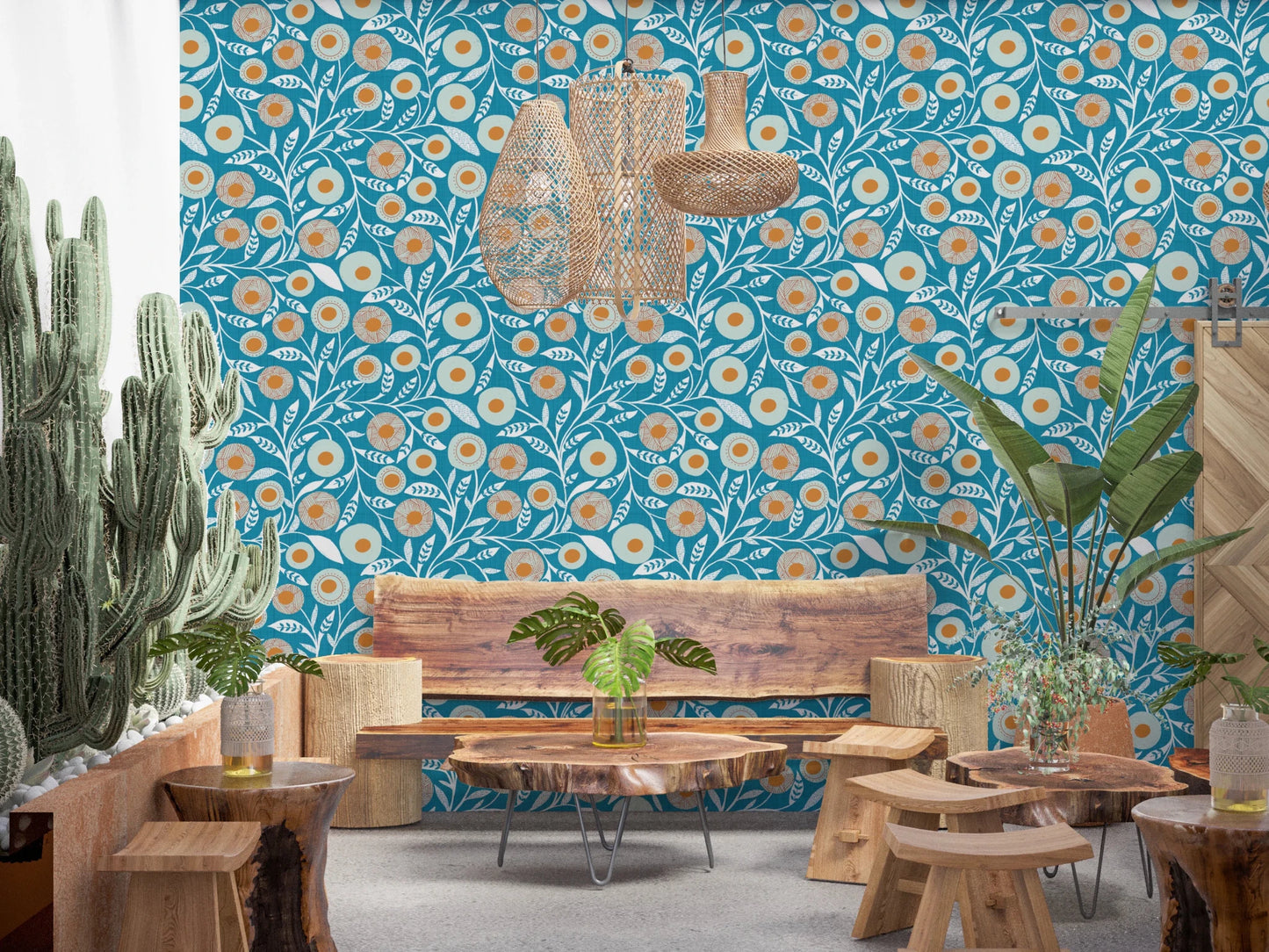 Warm café-style corner framed by Cozy Scandi Folk Floral Nordic Teal wallpaper, GD8550