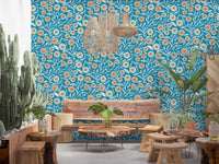 Warm café-style corner framed by Cozy Scandi Folk Floral Nordic Teal wallpaper, GD8550