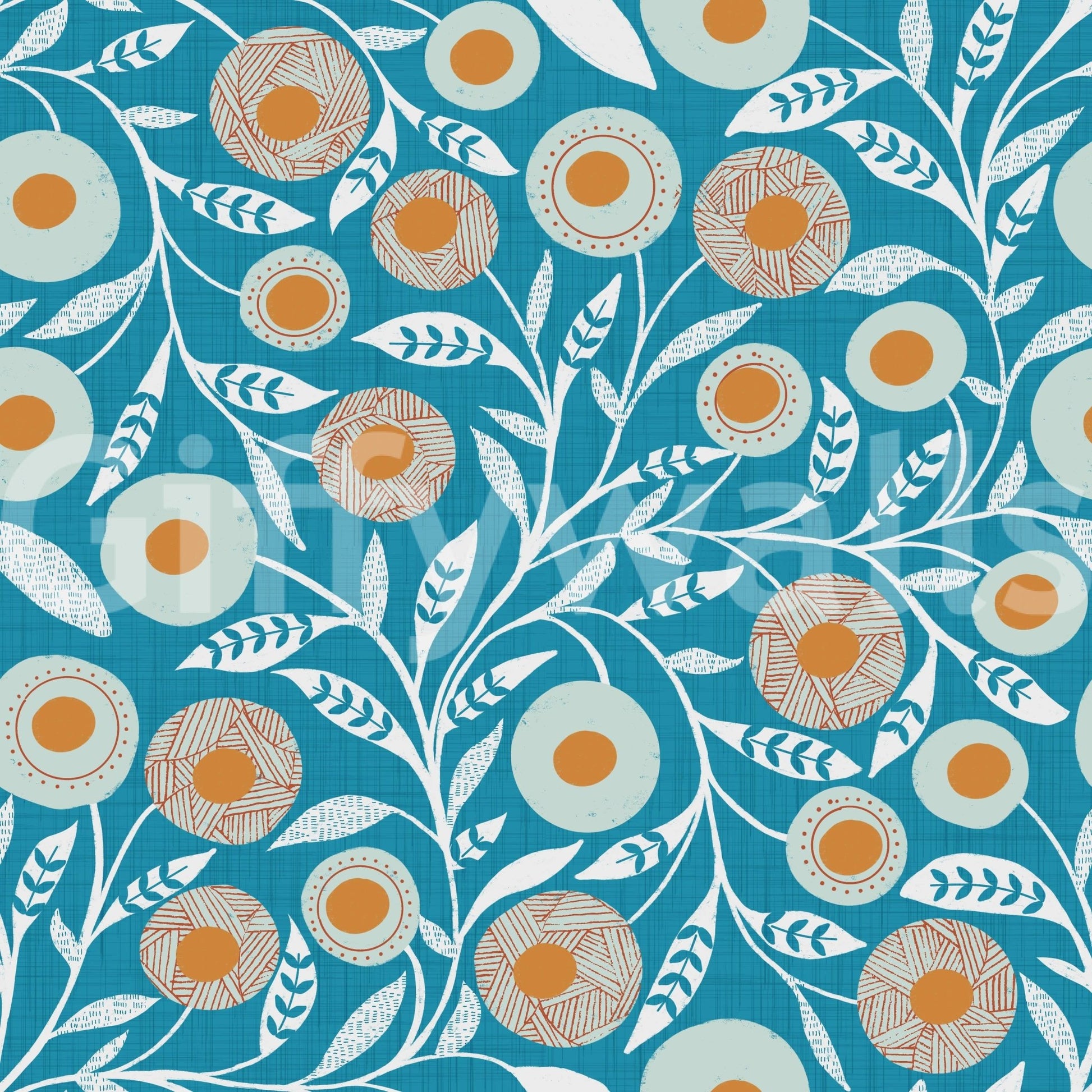 Nordic Teal folk botanical wallpaper with rounded blooms, winding leaves, and texture, GD8550