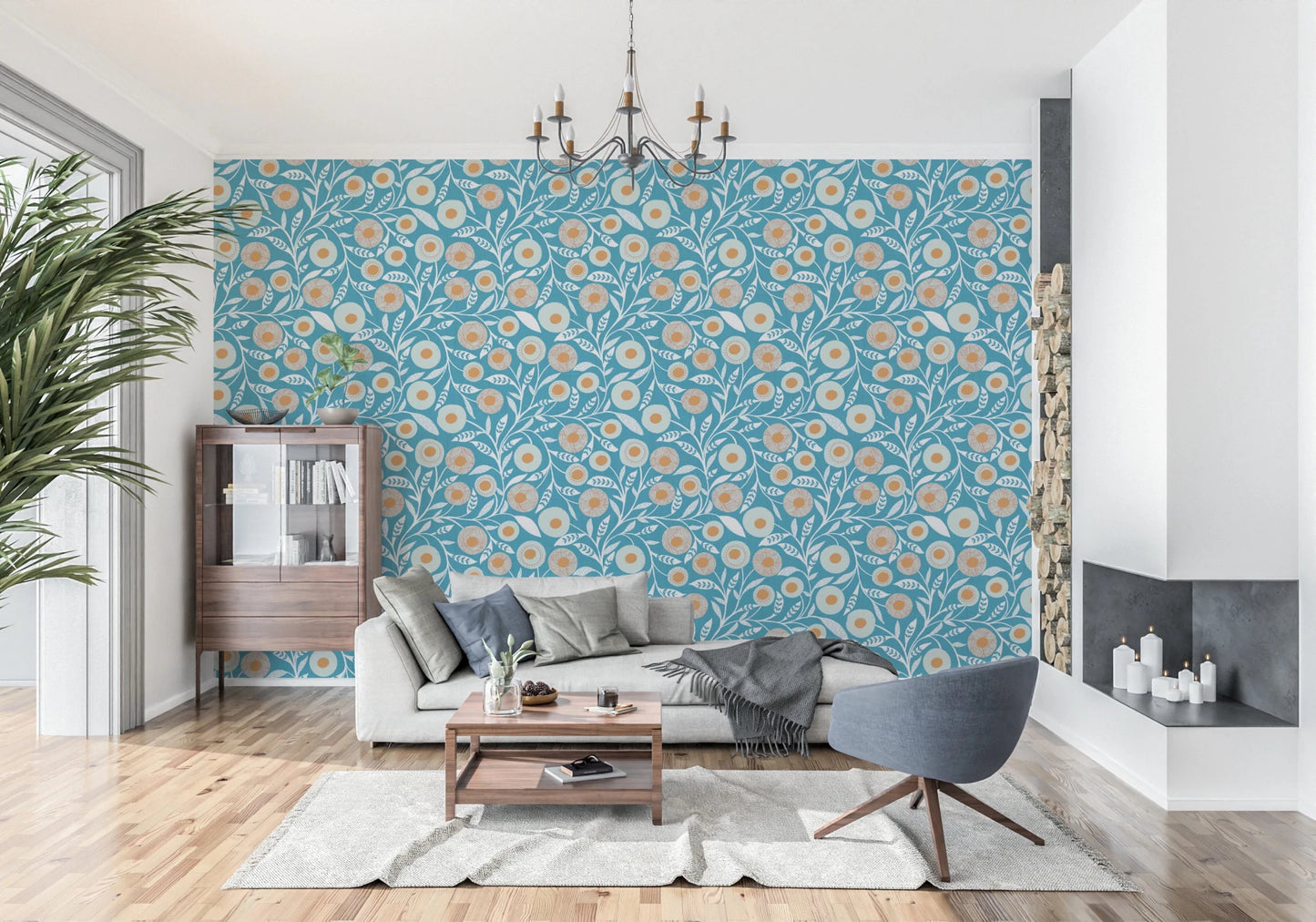 Sunlit living area finished with Cozy Scandi Folk Floral Nordic Teal wallpaper detail, GD8550