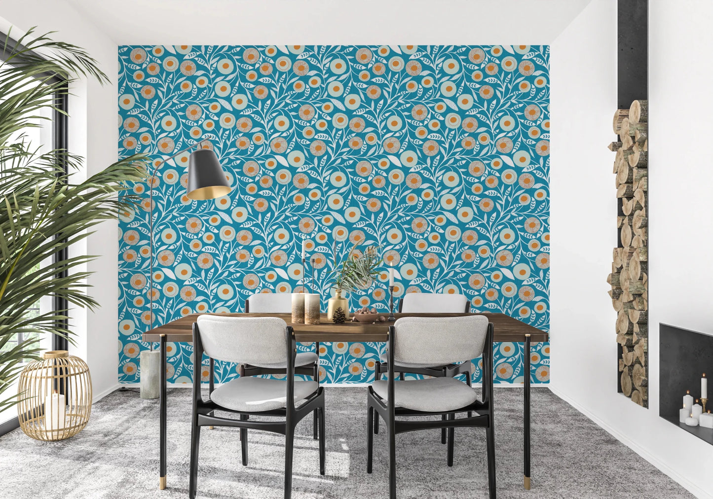 Dining corner updated with Cozy Scandi Folk Floral Nordic Teal botanical wallpaper, GD8550
