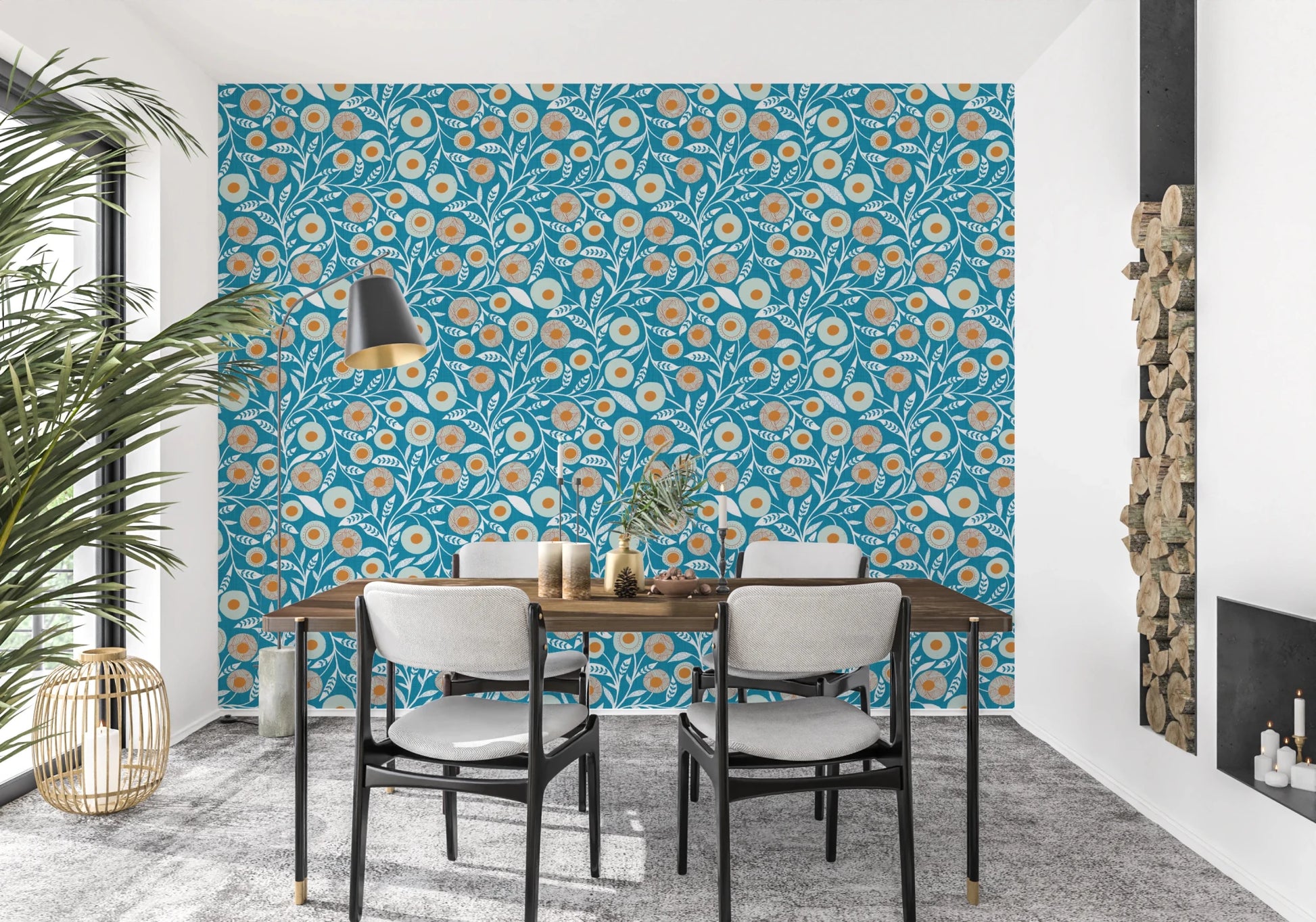 Dining corner updated with Cozy Scandi Folk Floral Nordic Teal botanical wallpaper, GD8550