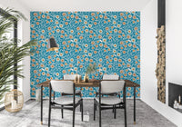 Dining corner updated with Cozy Scandi Folk Floral Nordic Teal botanical wallpaper, GD8550