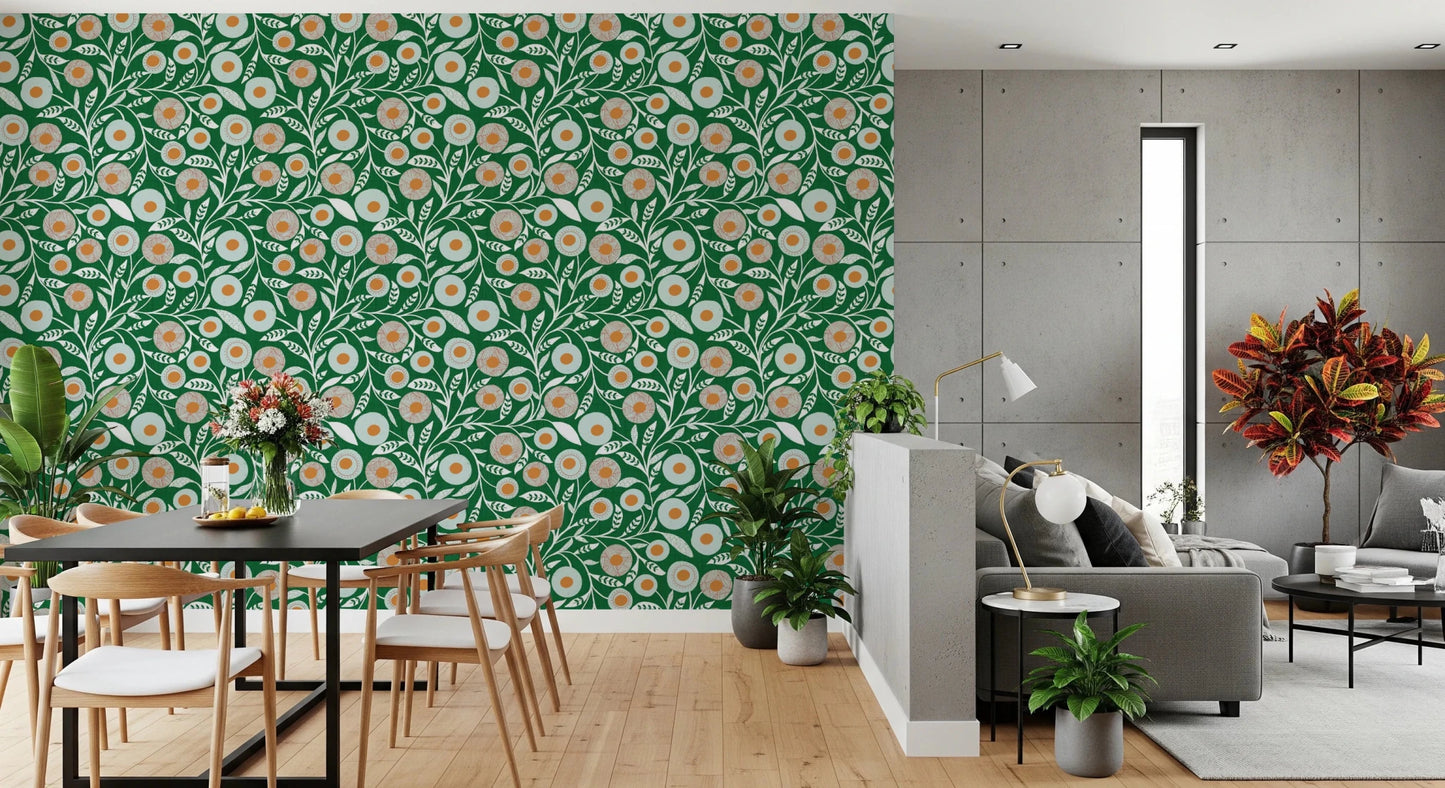 Dining area paired with Cozy Scandi Folk Floral Olive Chartreuse wallpaper wall, GD8552