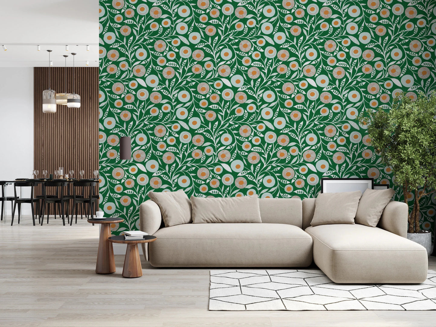 Soft sofa corner brightened by Olive Chartreuse craft botanical wallpaper detail, GD8552