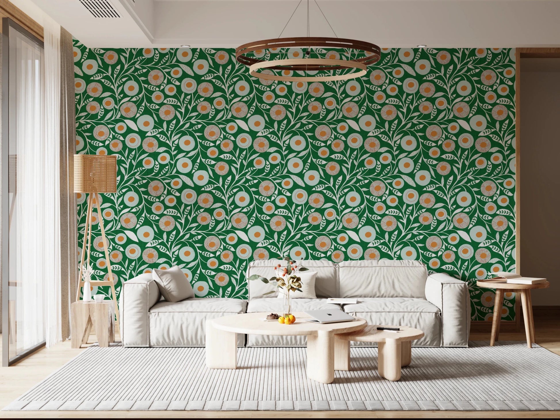 Bright lounge featuring Cozy Scandi Folk Floral Olive Chartreuse Craft Botanical Wallpaper, GD8552