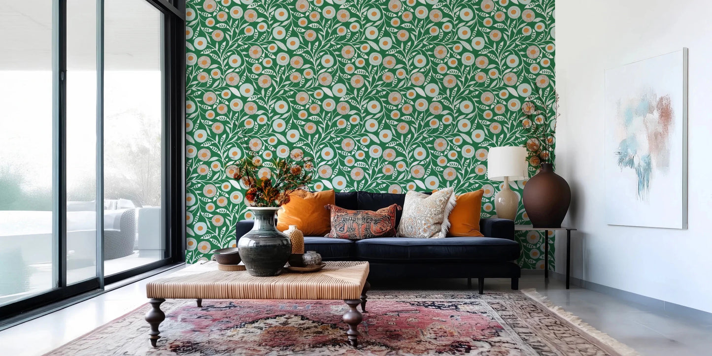 Window-side sitting room framed by Olive Chartreuse floral botanical wallpaper, GD8552