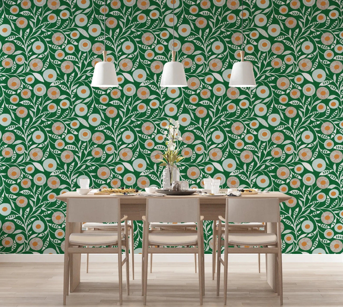 Dining room updated with Cozy Scandi Folk Floral Olive Chartreuse wallpaper