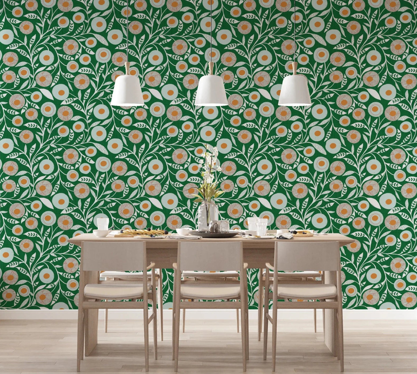 Dining room updated with Cozy Scandi Folk Floral Olive Chartreuse wallpaper, GD8552