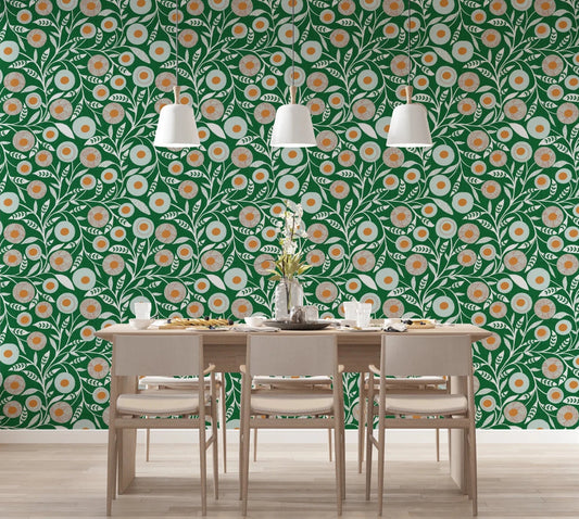 Dining room updated with Cozy Scandi Folk Floral Olive Chartreuse wallpaper