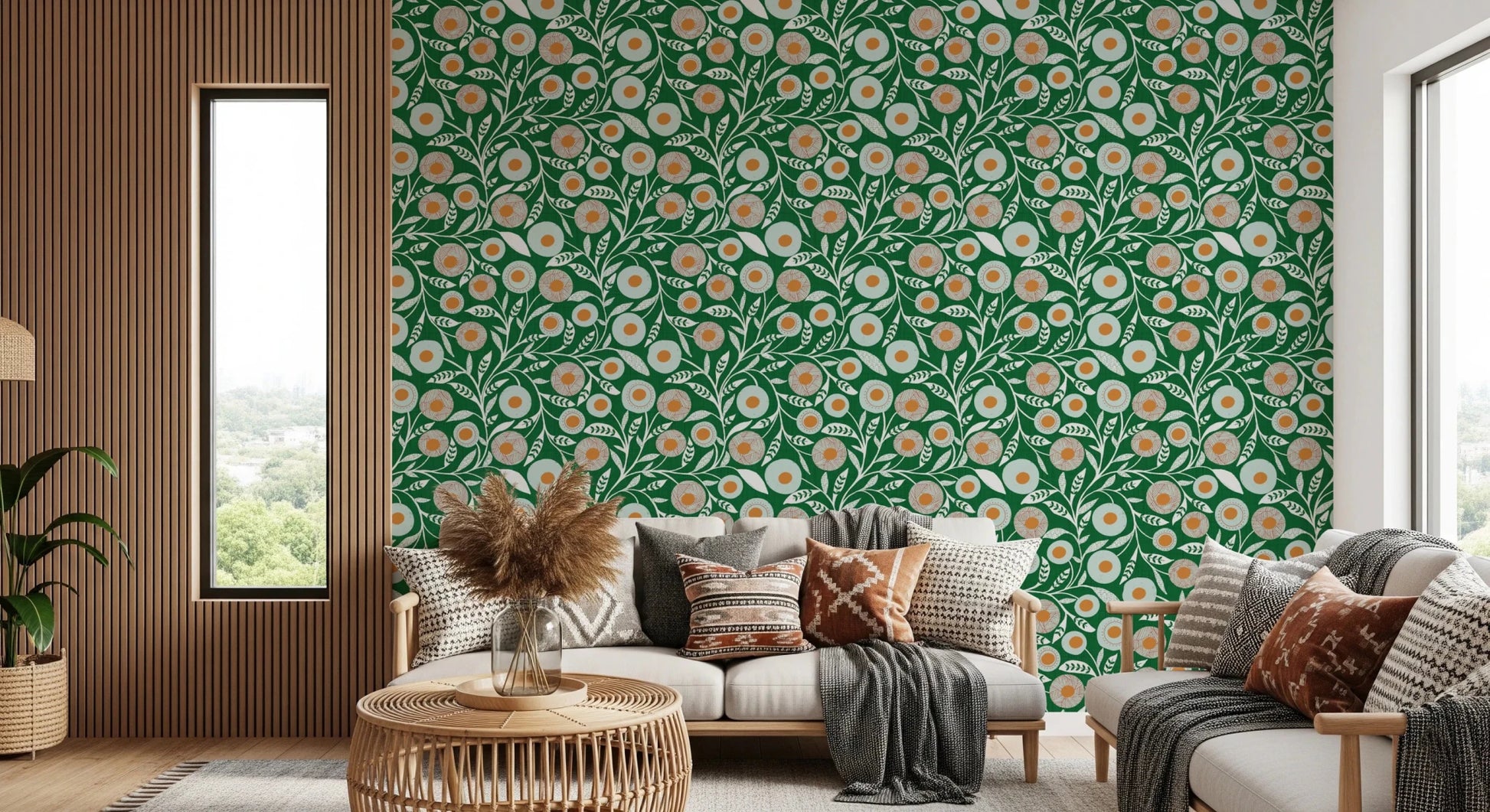 Rustic nook warmed by Olive Chartreuse craft botanical wallpaper and soft textures, GD8552