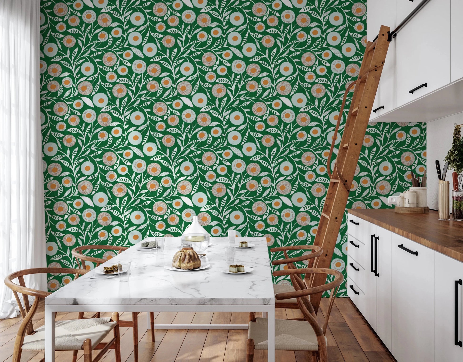 Kitchen finished in Cozy Scandi Folk Floral Olive Chartreuse wallpaper, GD8552