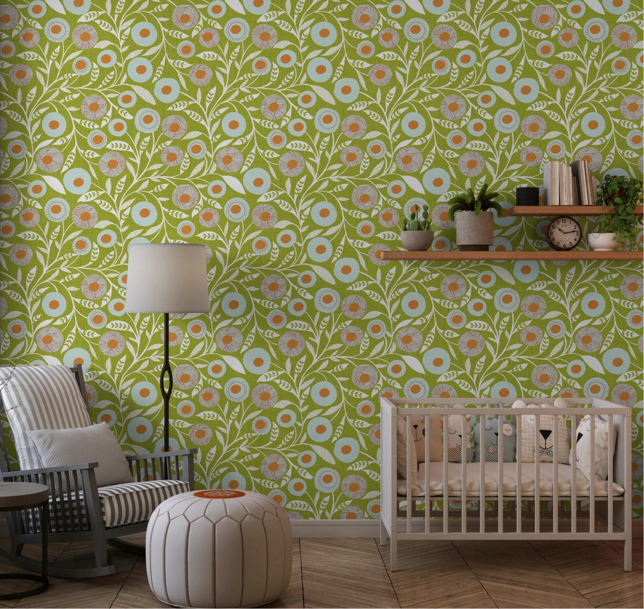 Nursery corner styled with Cozy Scandi Folk Floral Olive Chartreuse wallpaper and crib