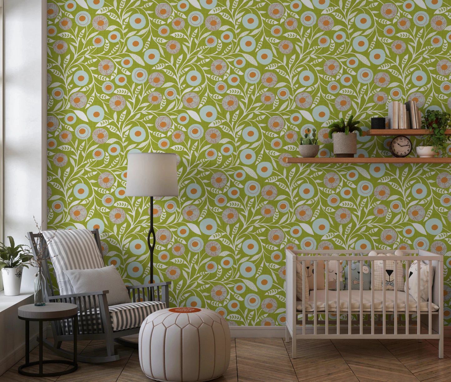 Cozy Scandi Folk Floral Olive Chartreuse - Craft Botanical Wallpaper⁠