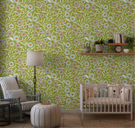 Nursery corner styled with Cozy Scandi Folk Floral Olive Chartreuse wallpaper and crib, GD8551