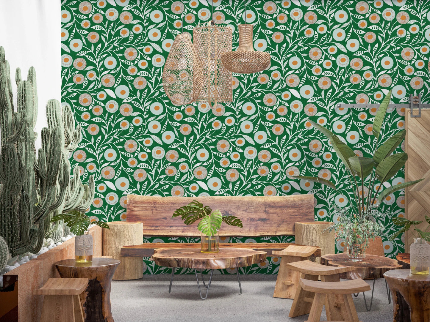 Rustic Dining space completed with Olive Chartreuse craft botanical wallpaper, GD8552