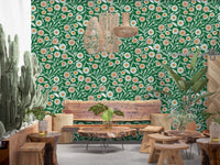 Rustic Dining space completed with Olive Chartreuse craft botanical wallpaper, GD8552