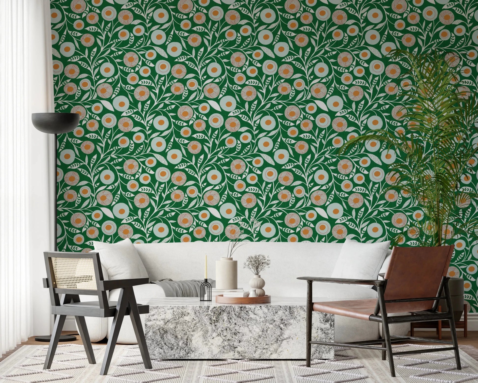 Modern living room with Cozy Scandi Folk Floral Olive Chartreuse Craft Botanical Wallpaper, GD8552