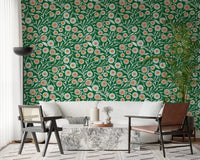 Modern living room with Cozy Scandi Folk Floral Olive Chartreuse Craft Botanical Wallpaper, GD8552