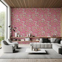 Open family room lifted by the floral rhythm of this rose clay botanical wallpaper, GD8554