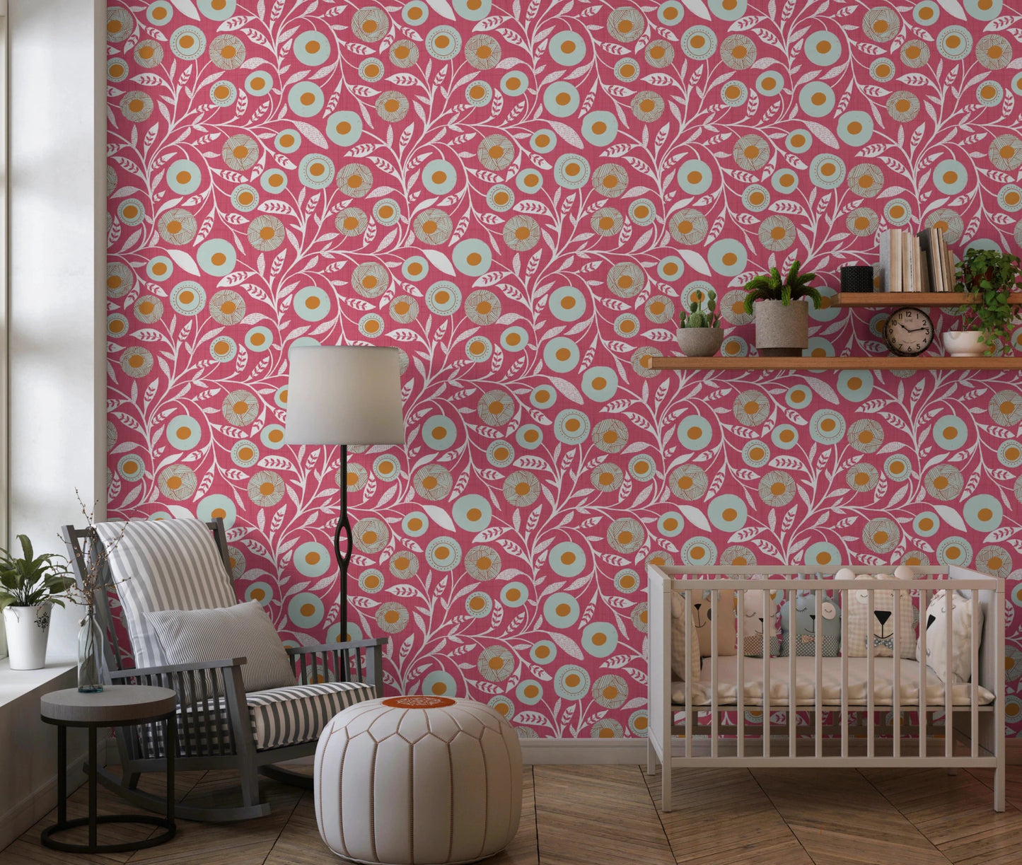 Nursery corner softened by Cozy Scandi Folk Floral Rose Clay wallpaper pattern, GD8554