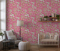 Nursery corner softened by Cozy Scandi Folk Floral Rose Clay wallpaper pattern, GD8554