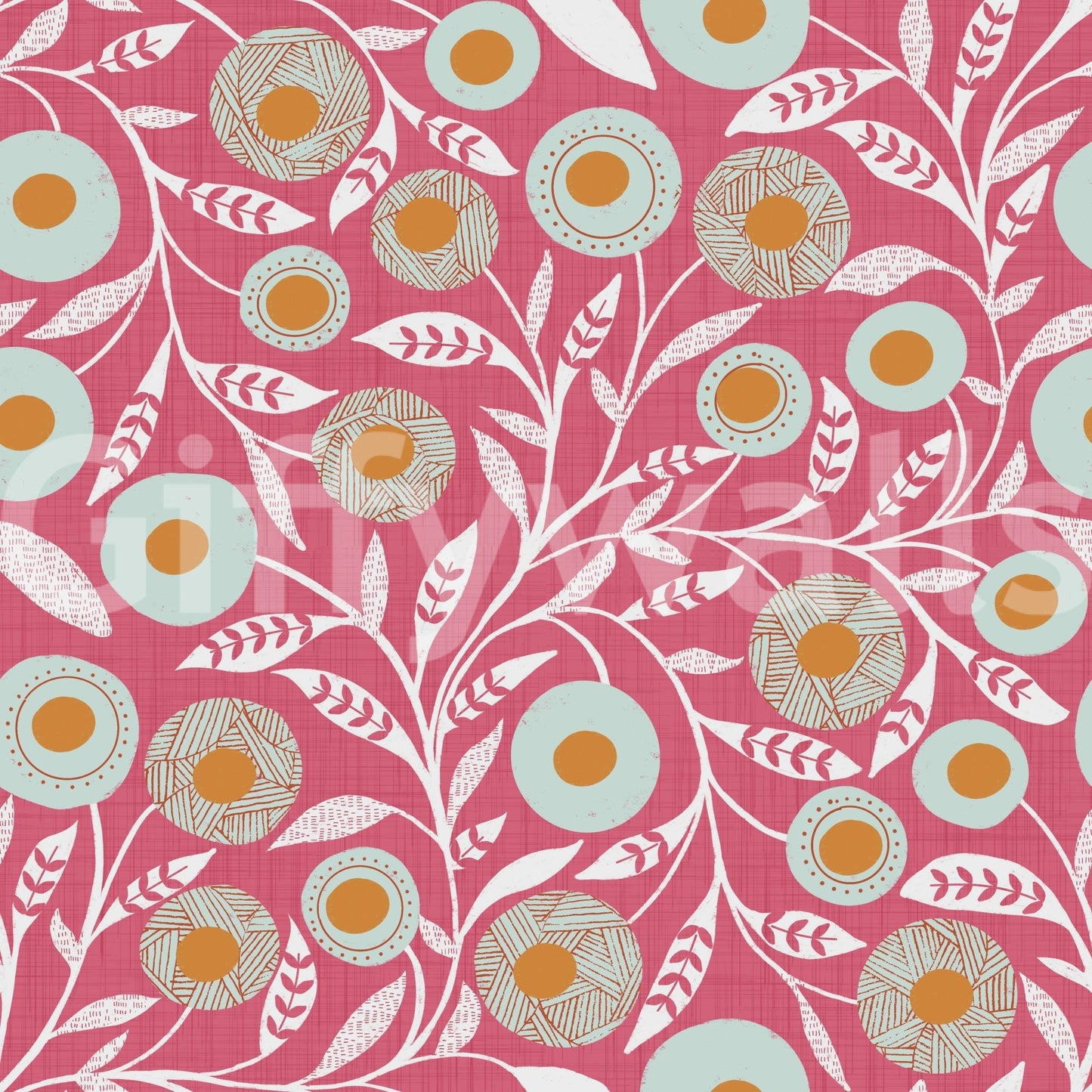Rose clay botanical wallpaper with folk florals and pale blue circular pattern details, GD8554