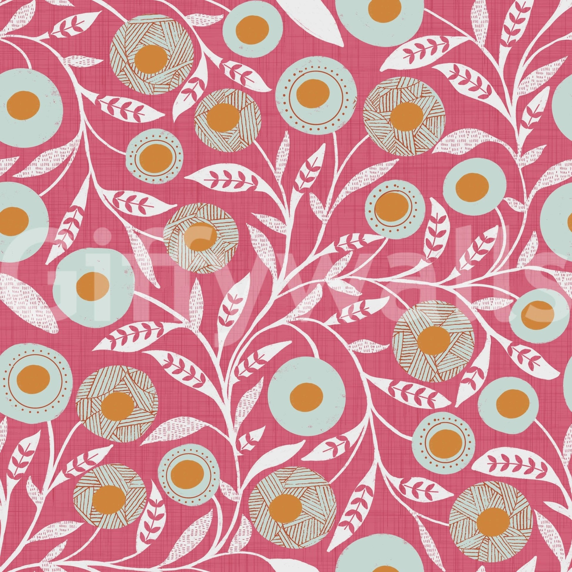 Rose clay botanical wallpaper with folk florals and pale blue circular pattern details, GD8554