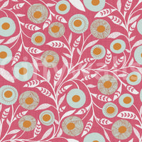 Rose clay botanical wallpaper with folk florals and pale blue circular pattern details, GD8554