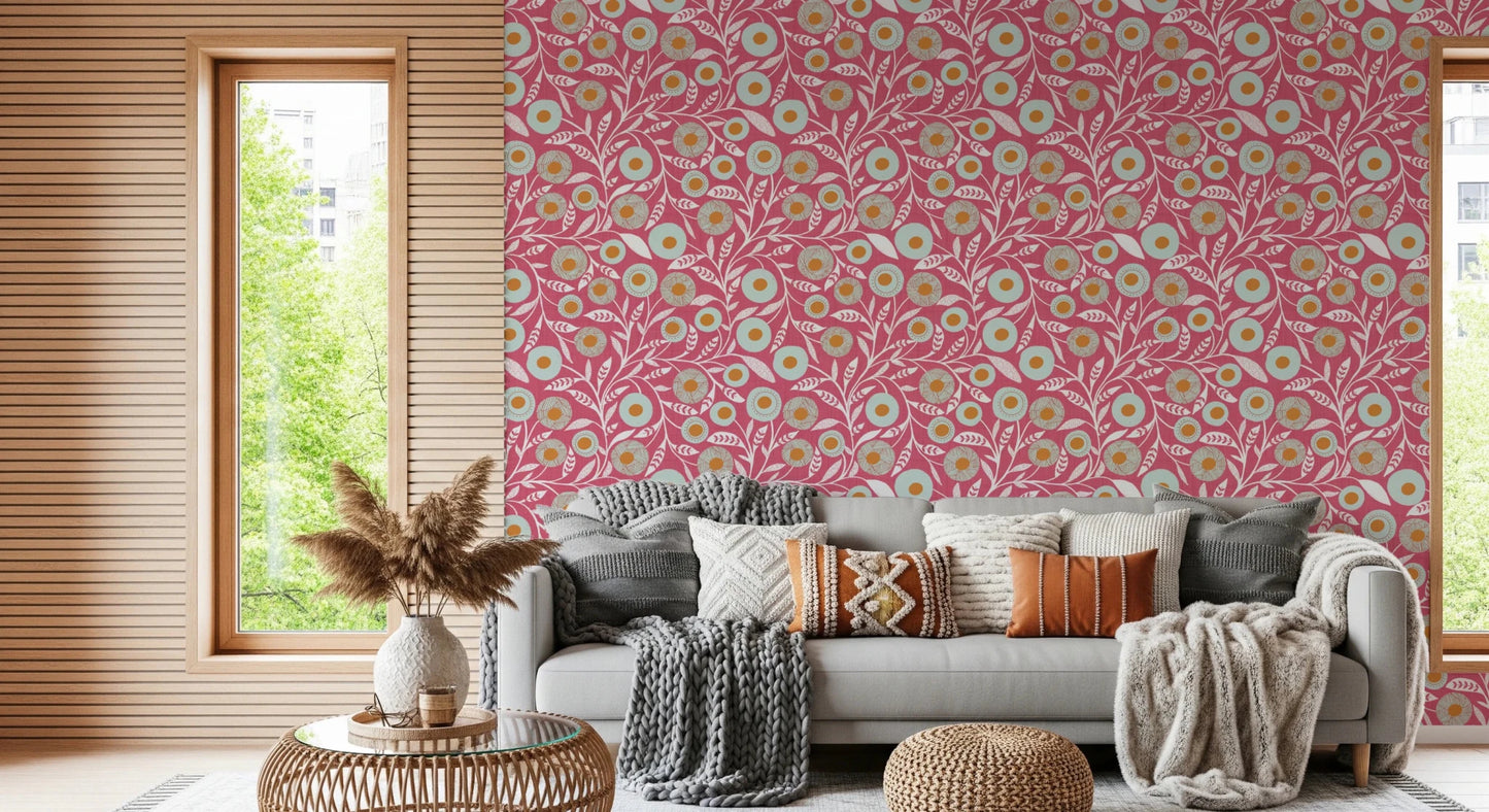 Window-side lounge warmed by this rose clay folk botanical wallpaper backdrop, GD8554